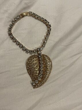 Gold-Tone Filigree Leaf Pendant Necklace with Clear Crystal Accents